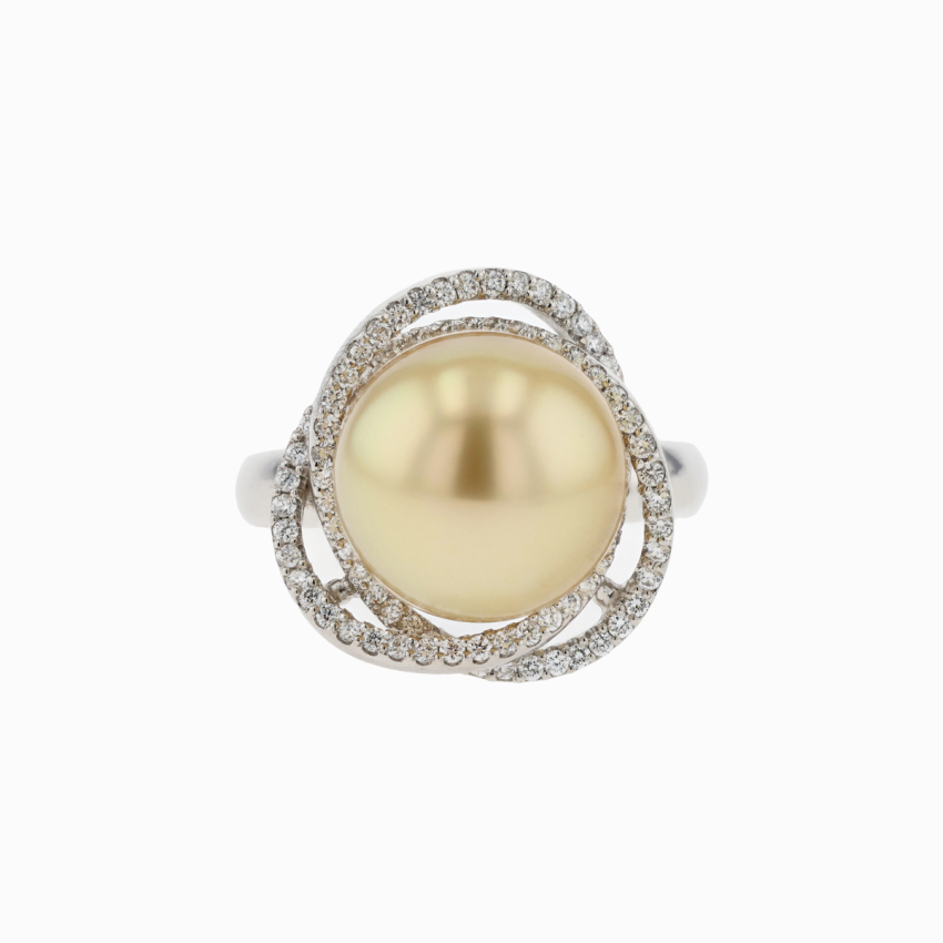 PT900 13.6mm Natural Color South Sea Deep Golden Pearl Diamond Ring